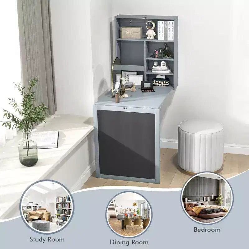 Costway Table Murale Pliante Convertible avec Tableau Noir Noir/Marron/Blanc/Gris