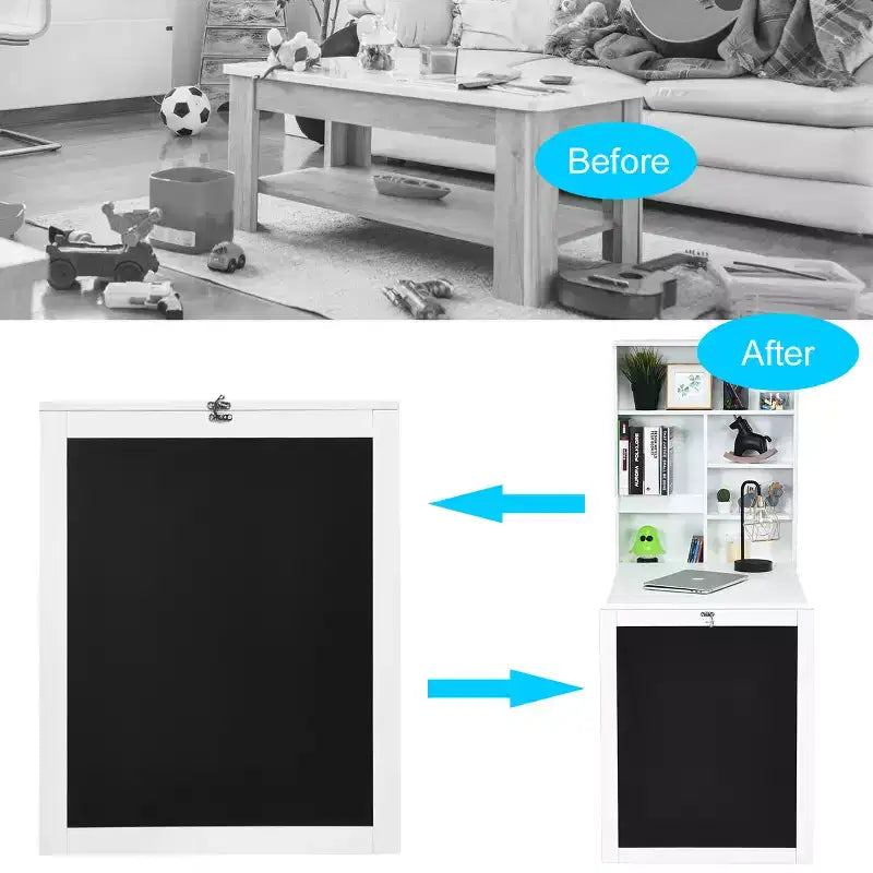 Costway Table Murale Pliante Convertible avec Tableau Noir Noir/Marron/Blanc/Gris