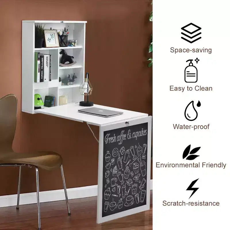 Costway Table Murale Pliante Convertible avec Tableau Noir Noir/Marron/Blanc/Gris