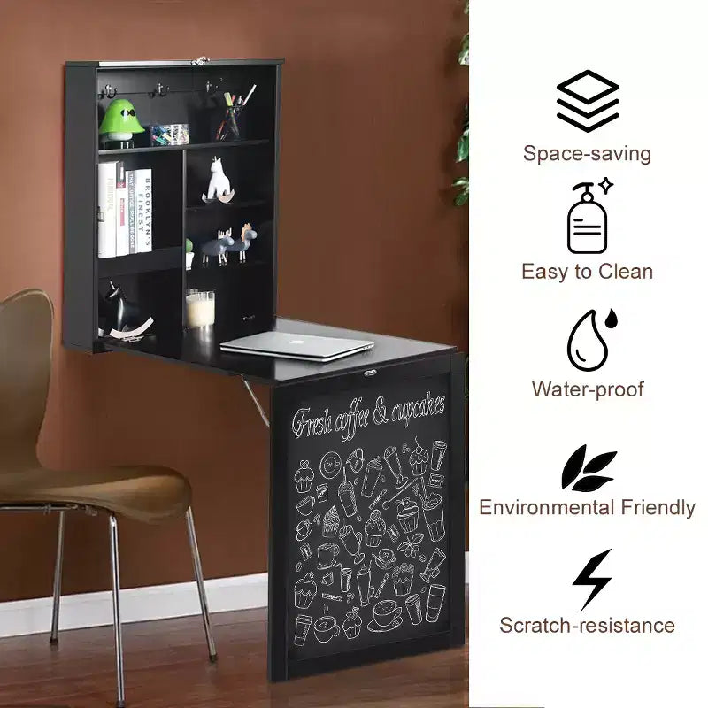 Costway Table Murale Pliante Convertible avec Tableau Noir Noir/Marron/Blanc/Gris