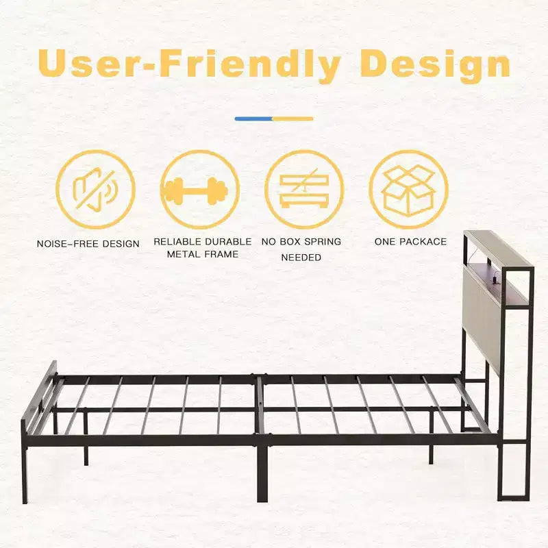 HAUSOURCE Lit Queen avec tête de lit de rangement, plateforme en métal avec butée caoutchoutée, conception sans bruit et grand espace de rangement pour chambre à coucher