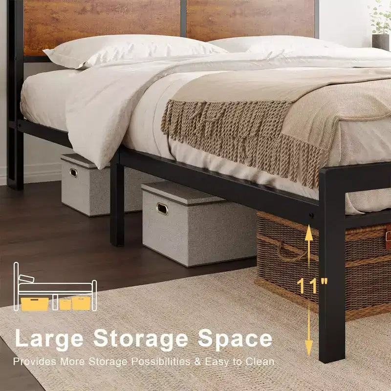 HAUSOURCE Lit Queen avec tête de lit de rangement, plateforme en métal avec butée caoutchoutée, conception sans bruit et grand espace de rangement pour chambre à coucher