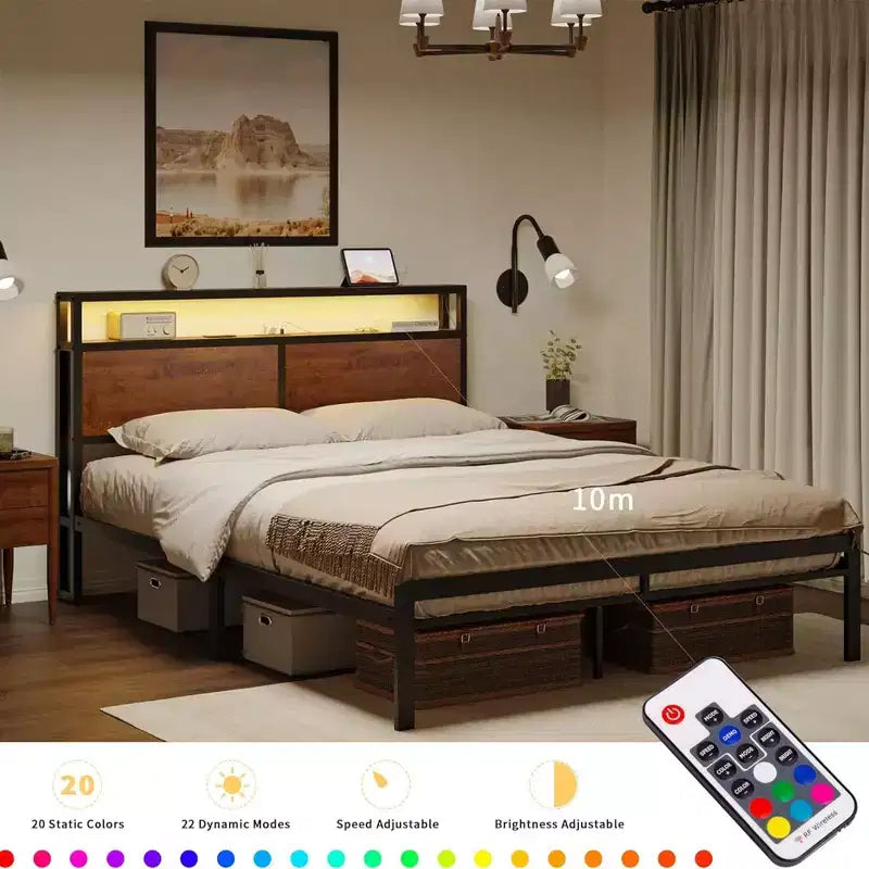 HAUSOURCE Lit Queen avec tête de lit de rangement, plateforme en métal avec butée caoutchoutée, conception sans bruit et grand espace de rangement pour chambre à coucher