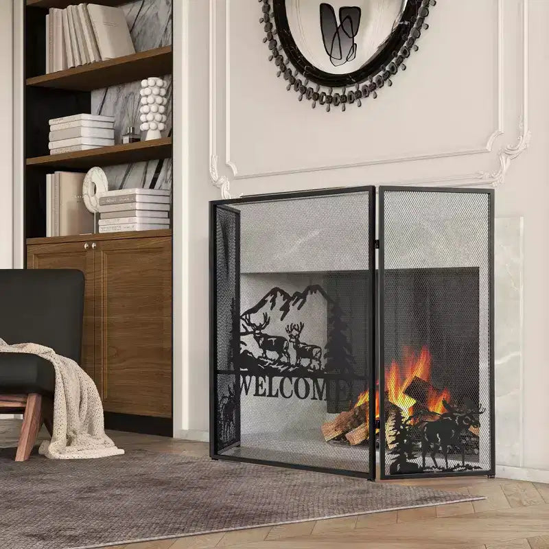 Pare-feu 3 panneaux Costway 52 x 31 po avec pare-étincelles motif Élan et Paysage naturel