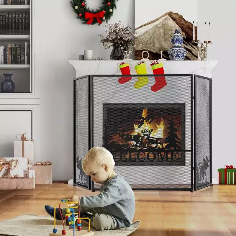 Pare-feu 3 panneaux Costway 52 x 31 po avec pare-étincelles motif Élan et Paysage naturel