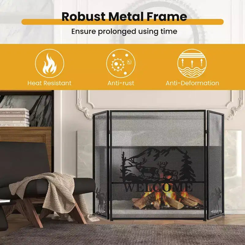 Pare-feu 3 panneaux Costway 52 x 31 po avec pare-étincelles motif Élan et Paysage naturel