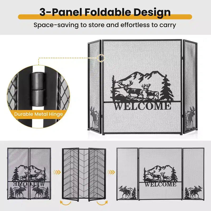 Pare-feu 3 panneaux Costway 52 x 31 po avec pare-étincelles motif Élan et Paysage naturel