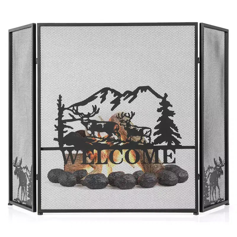 Pare-feu 3 panneaux Costway 52 x 31 po avec pare-étincelles motif Élan et Paysage naturel