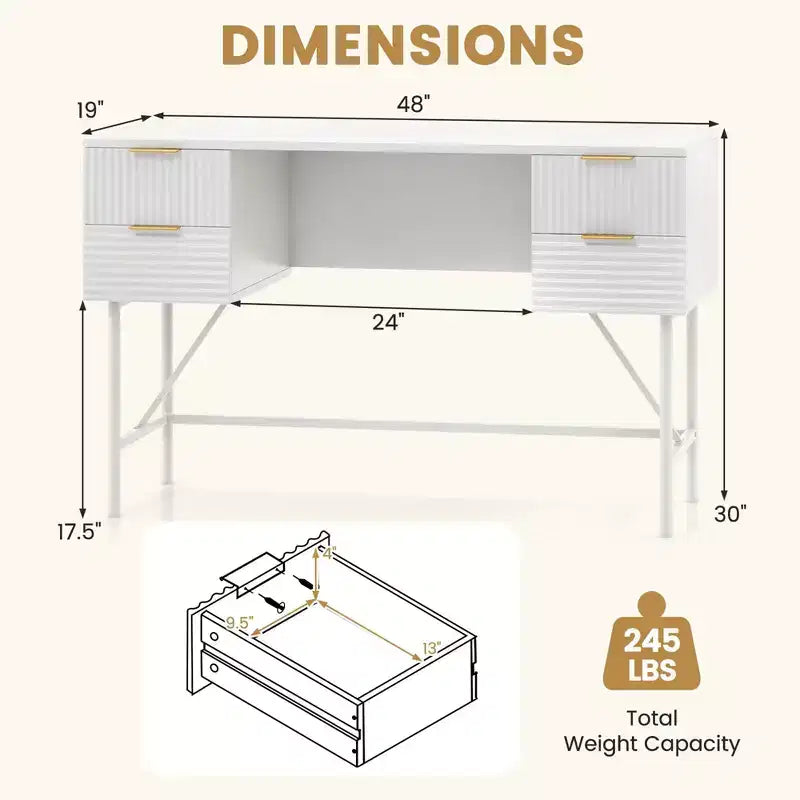 Costway Bureau d'ordinateur 48 po avec 4 tiroirs de rangement, cadre en métal, bureau d'étude moderne
