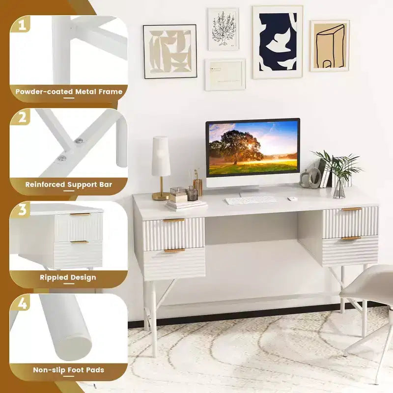 Costway Bureau d'ordinateur 48 po avec 4 tiroirs de rangement, cadre en métal, bureau d'étude moderne