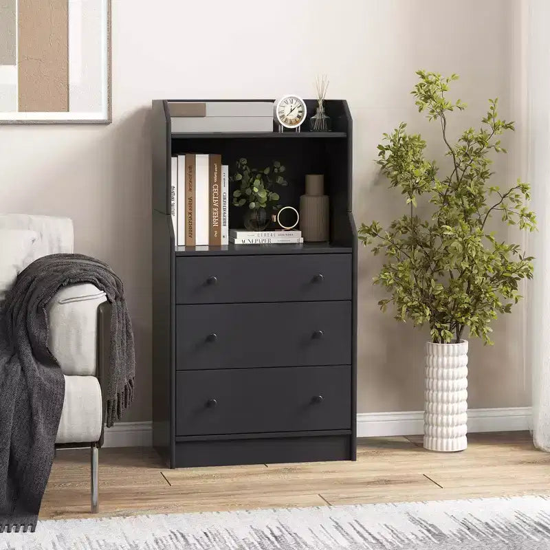 Commode à 3 tiroirs Costway, organiseur de rangement en bois de 111 cm de haut avec 2 étagères ouvertes, noir/blanc/noyer