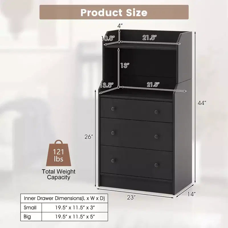Commode à 3 tiroirs Costway, organiseur de rangement en bois de 111 cm de haut avec 2 étagères ouvertes, noir/blanc/noyer