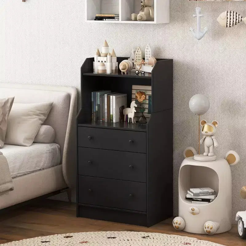 Commode à 3 tiroirs Costway, organiseur de rangement en bois de 111 cm de haut avec 2 étagères ouvertes, noir/blanc/noyer