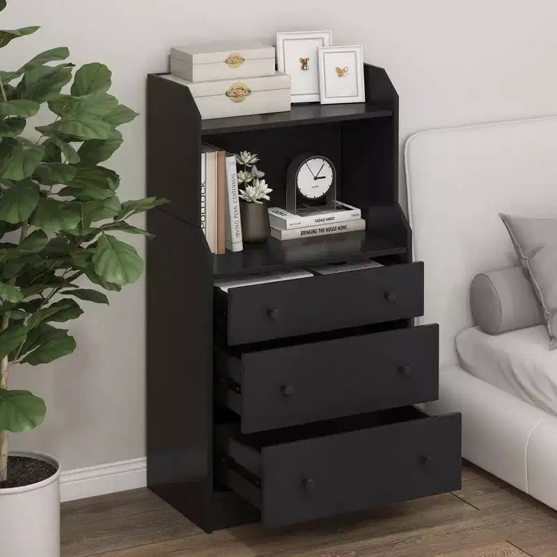 Commode à 3 tiroirs Costway, organiseur de rangement en bois de 111 cm de haut avec 2 étagères ouvertes, noir/blanc/noyer