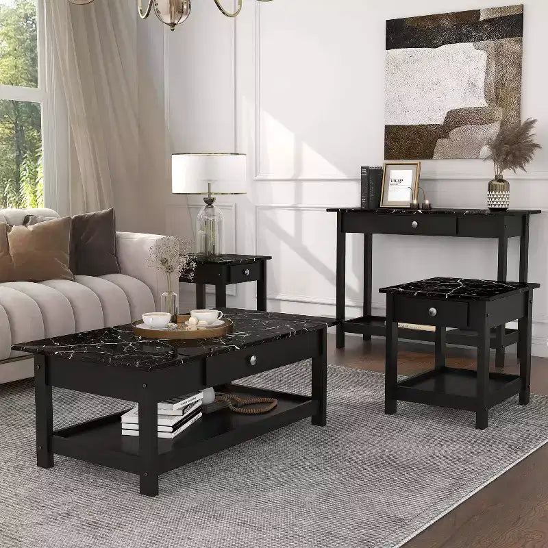 Lot de 4 tables basses Minsay avec plateau en faux marbre et rangement - HOMES: Inside + Out