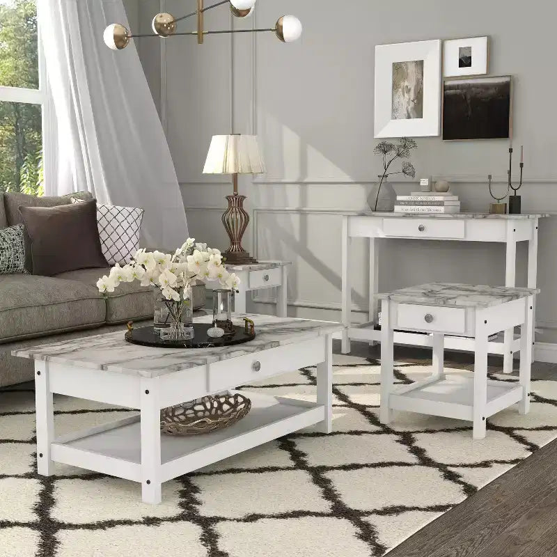 Lot de 4 tables basses Minsay avec plateau en faux marbre et rangement - HOMES: Inside + Out