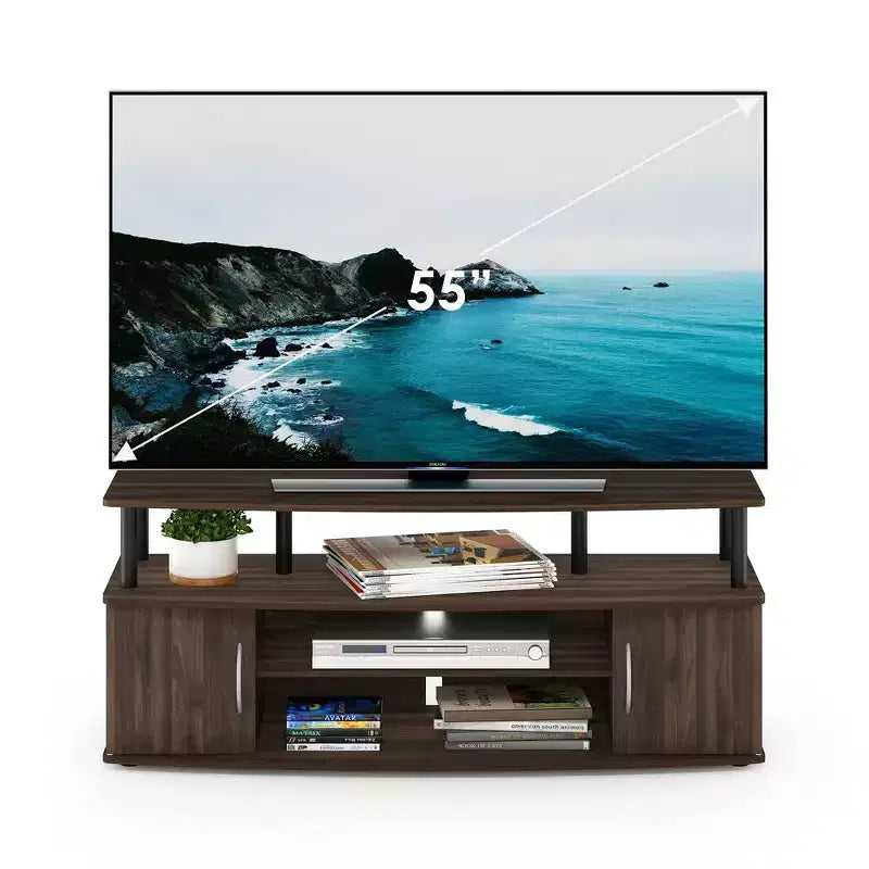Meuble TV moderne Furinno, centre de divertissement média pour téléviseurs jusqu'à 55 pouces avec armoire de rangement à 2 portes, noyer Columbia/noir