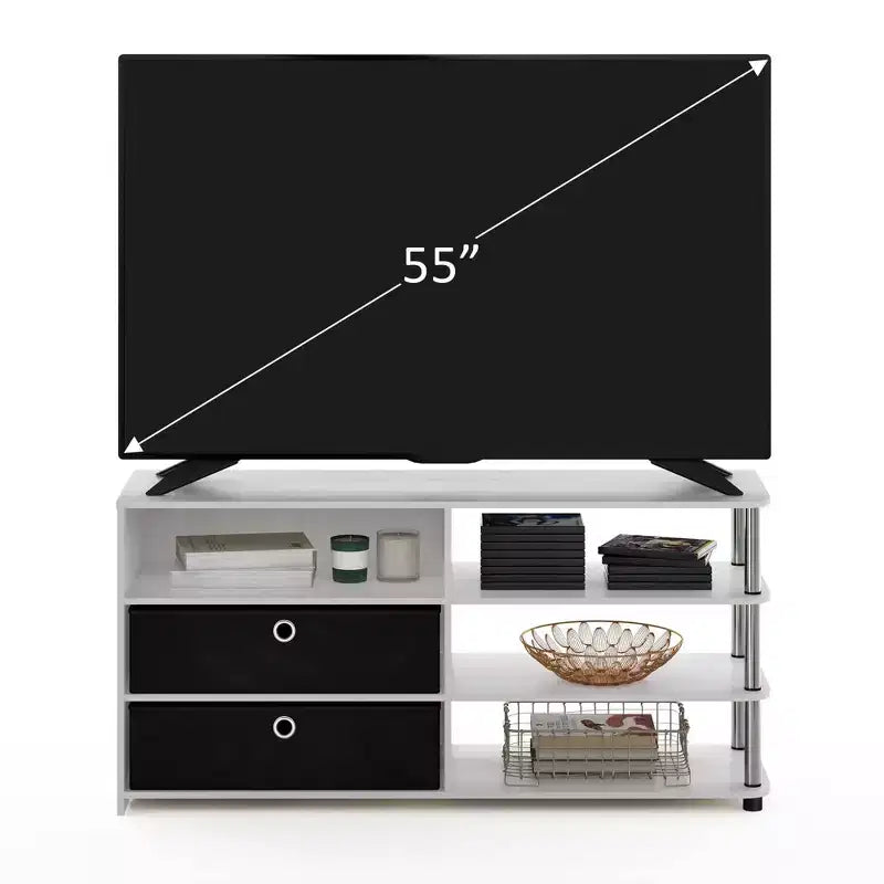 Meuble TV Furinno Simple Design, pour téléviseurs jusqu'à 50 pouces, avec étagères de rangement et 2 bacs, Chêne Blanc