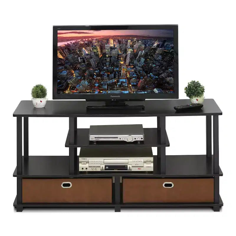 Meuble TV grand format Furinno à 4 niveaux pour téléviseurs jusqu'à 55 pouces, avec étagères ouvertes et 2 tiroirs de rangement