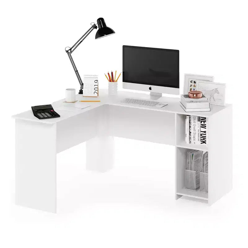 Bureau d'angle en forme de L Furinno pour ordinateur, table de jeu ou de travail avec étagères ouvertes, blanc