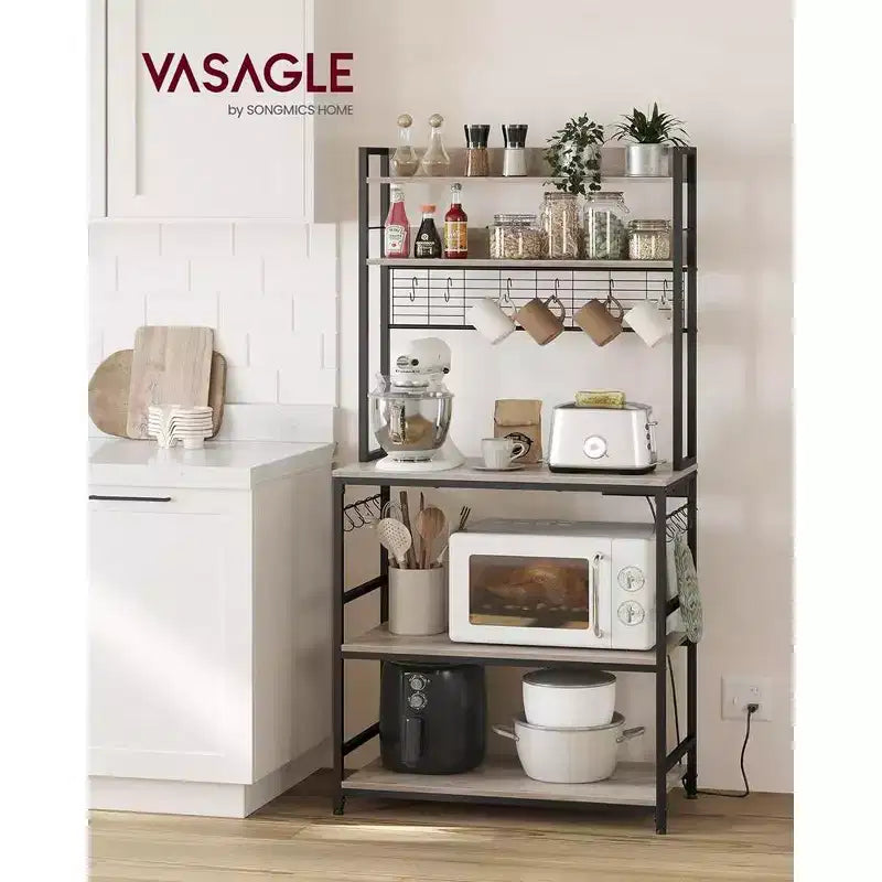 Étagère de cuisine VASAGLE avec prise électrique, 14 crochets, support à micro-ondes, bar à café réglable avec panneau en treillis métallique, étagère de rangement pour cuisine