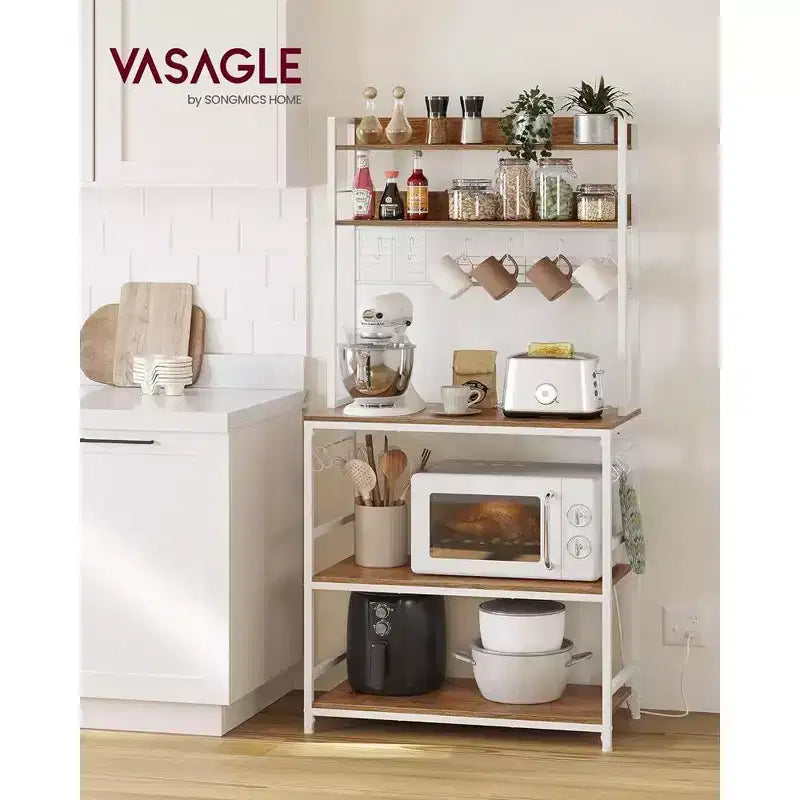 Étagère de cuisine VASAGLE avec prise électrique, 14 crochets, support à micro-ondes, bar à café réglable avec panneau en treillis métallique, étagère de rangement pour cuisine