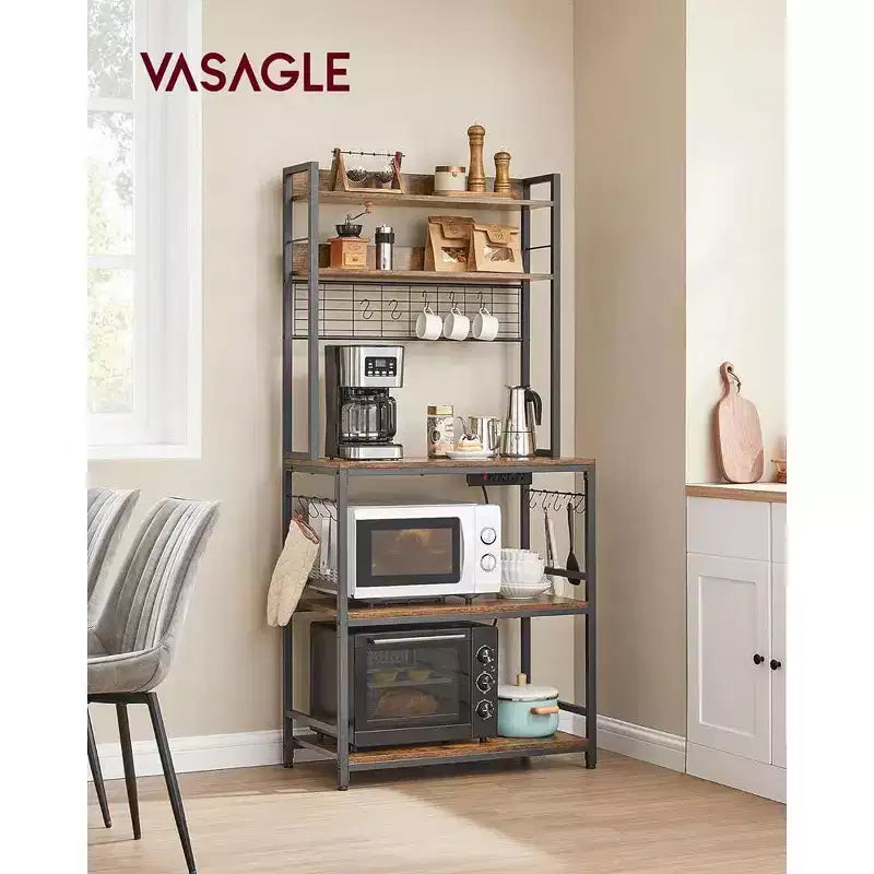 Étagère de cuisine VASAGLE avec prise électrique, 14 crochets, support à micro-ondes, bar à café réglable avec panneau en treillis métallique, étagère de rangement pour cuisine