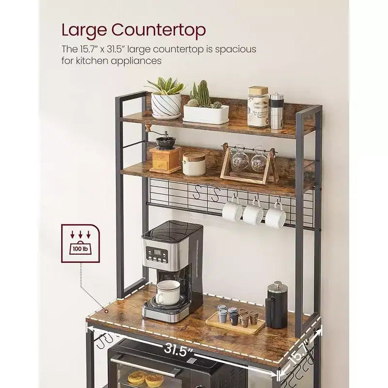 Étagère de cuisine VASAGLE avec prise électrique, 14 crochets, support à micro-ondes, bar à café réglable avec panneau en treillis métallique, étagère de rangement pour cuisine