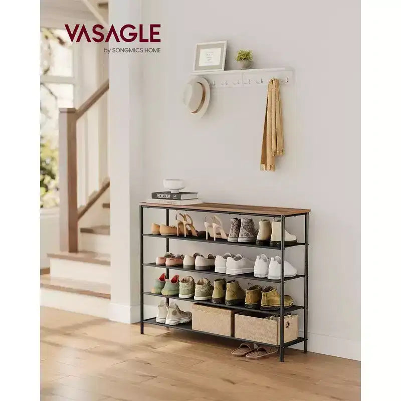 VASAGLE Meuble à Chaussures, Étagère à Chaussures à 5 Niveaux pour 20-24 Paires de Chaussures, Organisateur de Chaussures avec 4 Étagères en Tissu et Plateau en Bois Marron Rustique et Noir