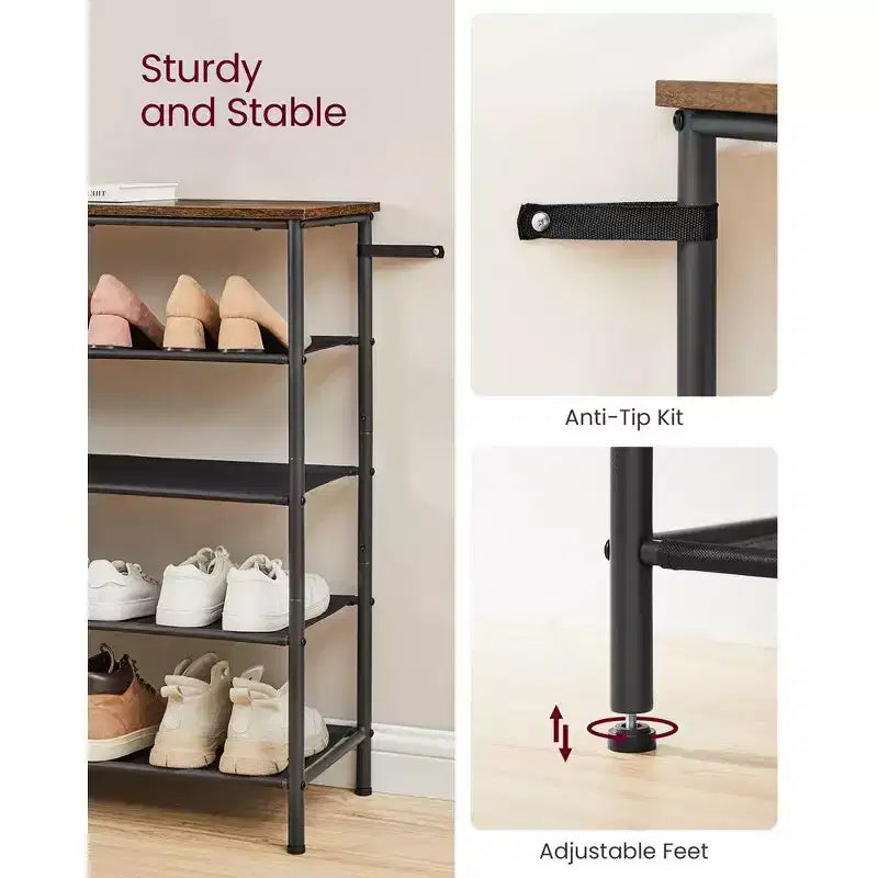 VASAGLE Meuble à Chaussures, Étagère à Chaussures à 5 Niveaux pour 20-24 Paires de Chaussures, Organisateur de Chaussures avec 4 Étagères en Tissu et Plateau en Bois Marron Rustique et Noir