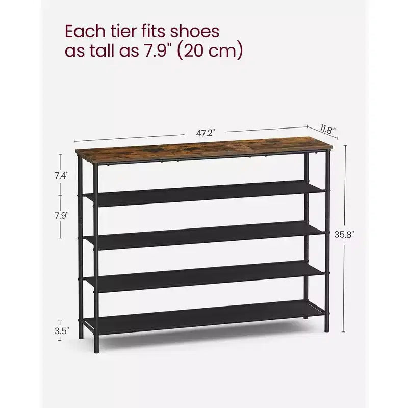 VASAGLE Meuble à Chaussures, Étagère à Chaussures à 5 Niveaux pour 20-24 Paires de Chaussures, Organisateur de Chaussures avec 4 Étagères en Tissu et Plateau en Bois Marron Rustique et Noir