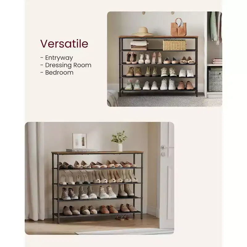 VASAGLE Meuble à Chaussures, Étagère à Chaussures à 5 Niveaux pour 20-24 Paires de Chaussures, Organisateur de Chaussures avec 4 Étagères en Tissu et Plateau en Bois Marron Rustique et Noir