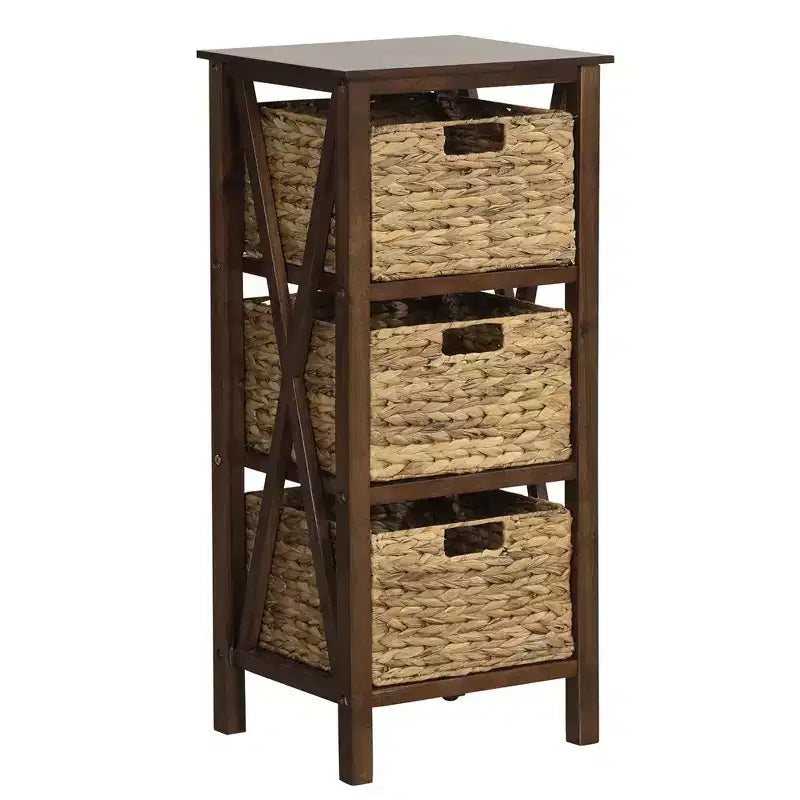 Costway Table de Chevet 1/2 PCS à 3 Niveaux avec 3 Paniers en Jonc de Mer Cadres en Bois d'Hévéa en X 3 Tiroirs
