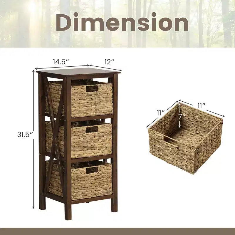 Costway Table de Chevet 1/2 PCS à 3 Niveaux avec 3 Paniers en Jonc de Mer Cadres en Bois d'Hévéa en X 3 Tiroirs