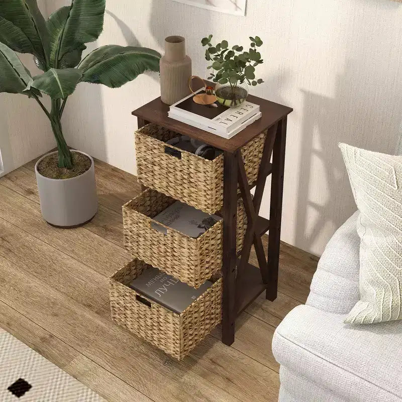Costway Table de Chevet 1/2 PCS à 3 Niveaux avec 3 Paniers en Jonc de Mer Cadres en Bois d'Hévéa en X 3 Tiroirs