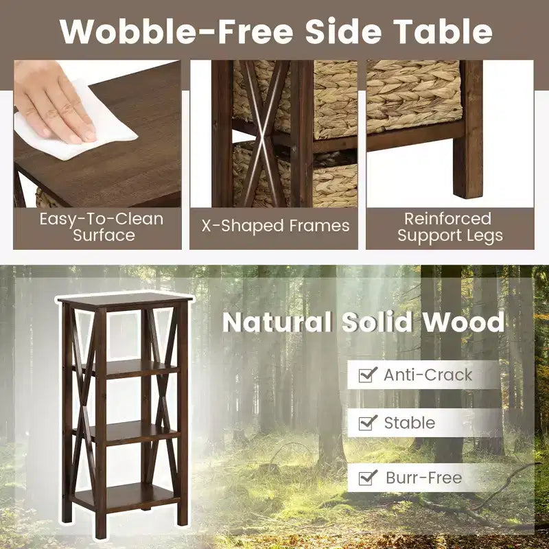 Costway Table de Chevet 1/2 PCS à 3 Niveaux avec 3 Paniers en Jonc de Mer Cadres en Bois d'Hévéa en X 3 Tiroirs