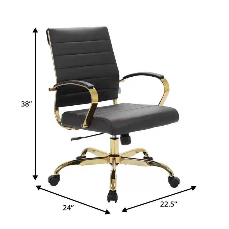 Chaise de bureau en cuir LeisureMod Benmar avec accents dorés, hauteur réglable, base pivotante, design ergonomique pour bureau à domicile, étude ou espace de travail