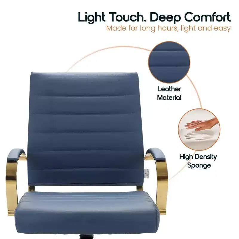 Chaise de bureau en cuir LeisureMod Benmar avec accents dorés, hauteur réglable, base pivotante, design ergonomique pour bureau à domicile, étude ou espace de travail