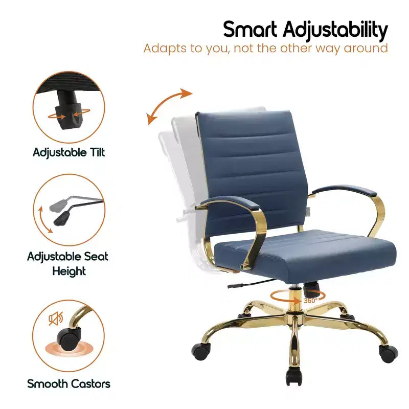 Chaise de bureau en cuir LeisureMod Benmar avec accents dorés, hauteur réglable, base pivotante, design ergonomique pour bureau à domicile, étude ou espace de travail