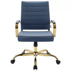 Chaise de bureau en cuir LeisureMod Benmar avec accents dorés, hauteur réglable, base pivotante, design ergonomique pour bureau à domicile, étude ou espace de travail