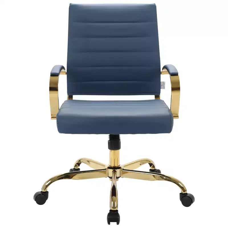 Chaise de bureau en cuir LeisureMod Benmar avec accents dorés, hauteur réglable, base pivotante, design ergonomique pour bureau à domicile, étude ou espace de travail