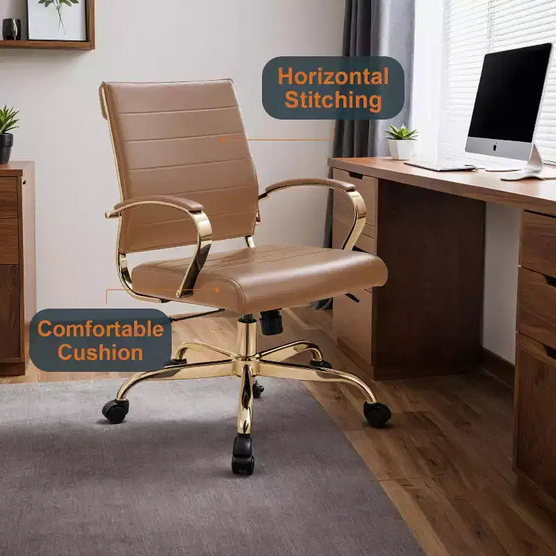 Chaise de bureau en cuir LeisureMod Benmar avec accents dorés, hauteur réglable, base pivotante, design ergonomique pour bureau à domicile, étude ou espace de travail