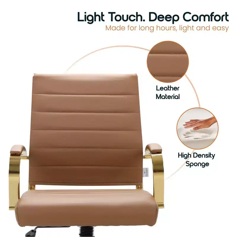 Chaise de bureau en cuir LeisureMod Benmar avec accents dorés, hauteur réglable, base pivotante, design ergonomique pour bureau à domicile, étude ou espace de travail