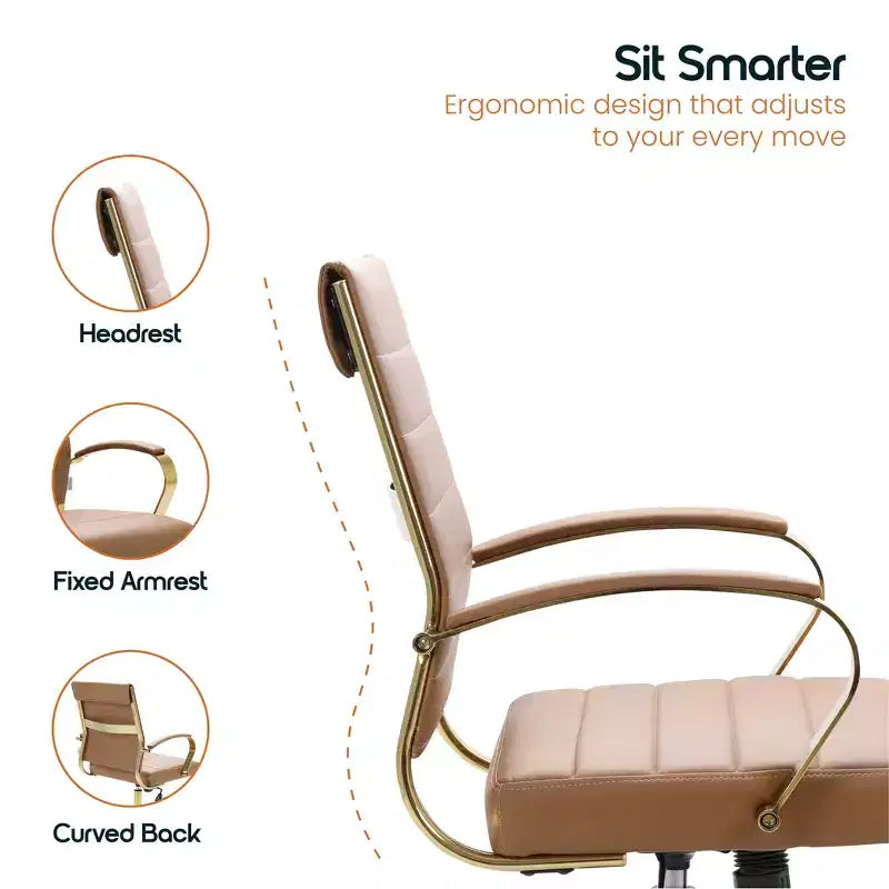 Chaise de bureau en cuir LeisureMod Benmar avec accents dorés, hauteur réglable, base pivotante, design ergonomique pour bureau à domicile, étude ou espace de travail