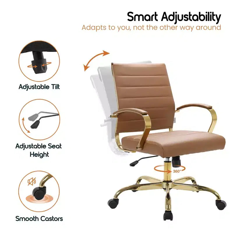 Chaise de bureau en cuir LeisureMod Benmar avec accents dorés, hauteur réglable, base pivotante, design ergonomique pour bureau à domicile, étude ou espace de travail