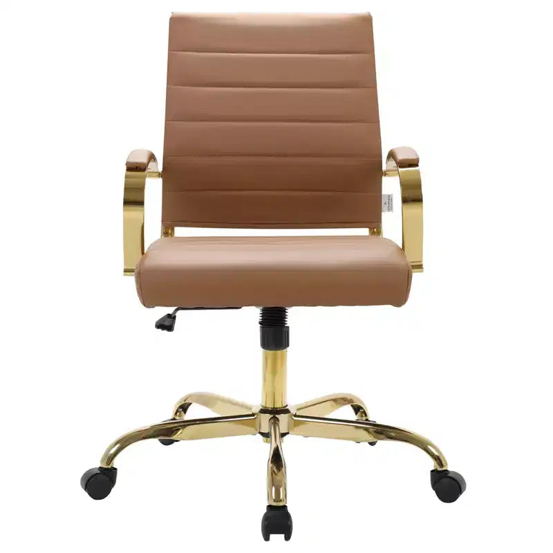 Chaise de bureau en cuir LeisureMod Benmar avec accents dorés, hauteur réglable, base pivotante, design ergonomique pour bureau à domicile, étude ou espace de travail