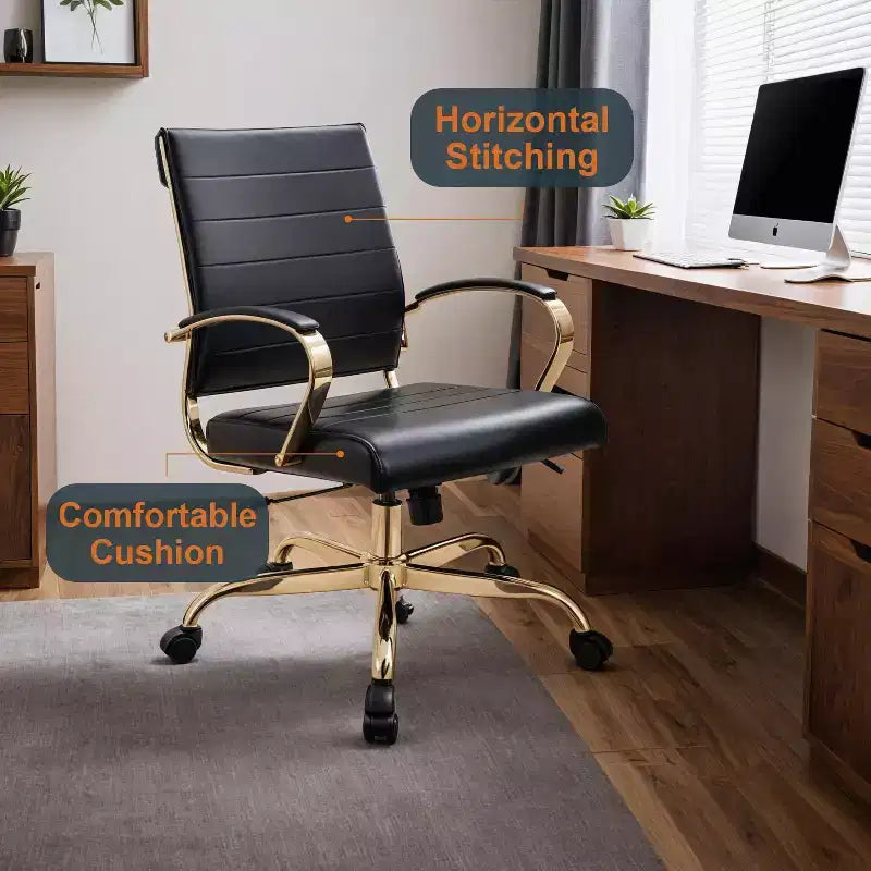 Chaise de bureau en cuir LeisureMod Benmar avec accents dorés, hauteur réglable, base pivotante, design ergonomique pour bureau à domicile, étude ou espace de travail