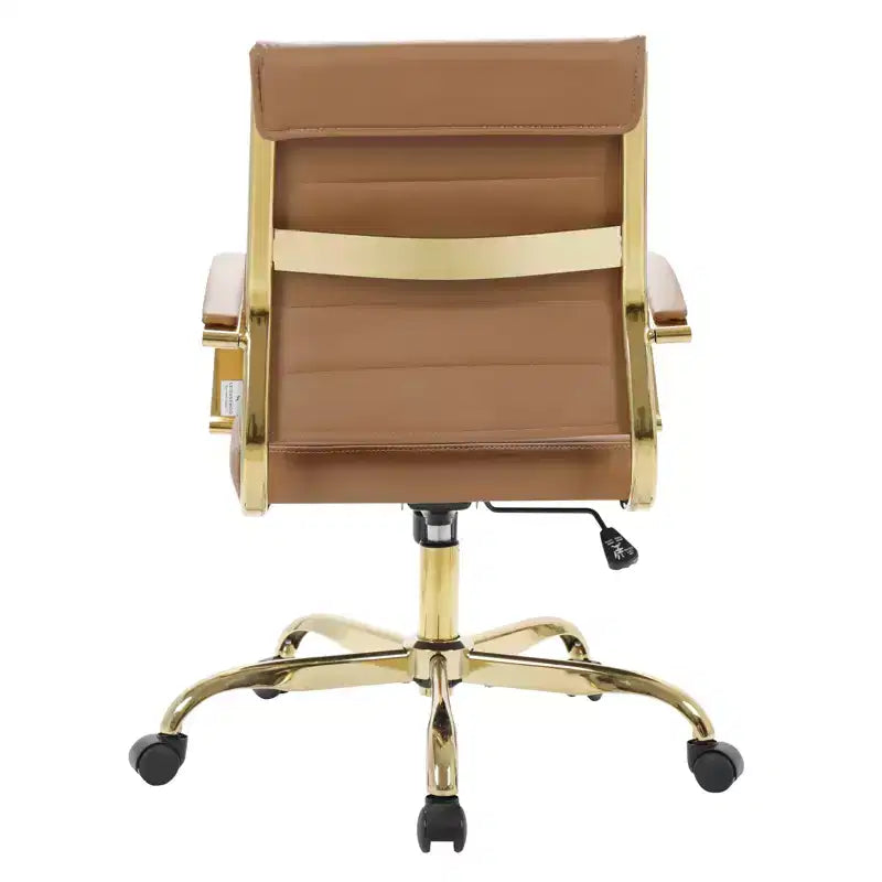 Chaise de bureau en cuir LeisureMod Benmar avec accents dorés, hauteur réglable, base pivotante, design ergonomique pour bureau à domicile, étude ou espace de travail