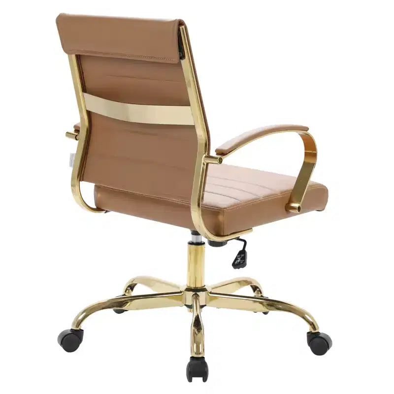 Chaise de bureau en cuir LeisureMod Benmar avec accents dorés, hauteur réglable, base pivotante, design ergonomique pour bureau à domicile, étude ou espace de travail