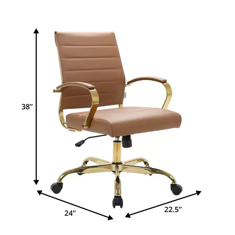 Chaise de bureau en cuir LeisureMod Benmar avec accents dorés, hauteur réglable, base pivotante, design ergonomique pour bureau à domicile, étude ou espace de travail